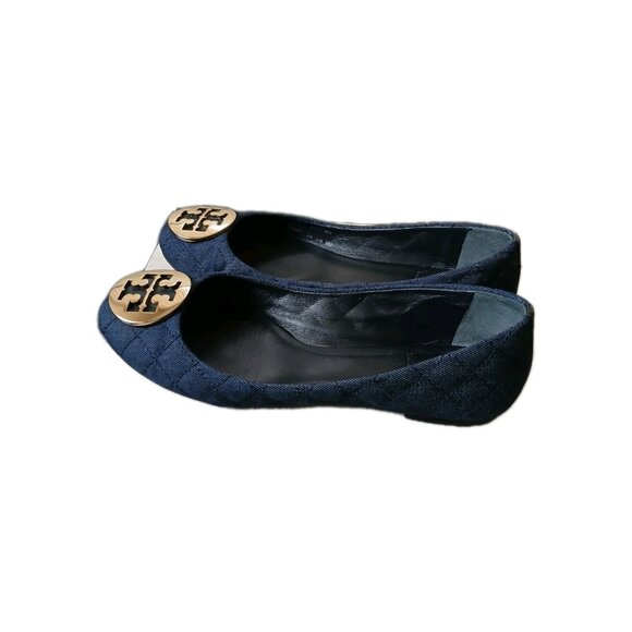 Tory Burch Womens 8 Quilted Denim Ballet Flats Navy Gold Logo Ballerina Preppy - Picture 3 of 6